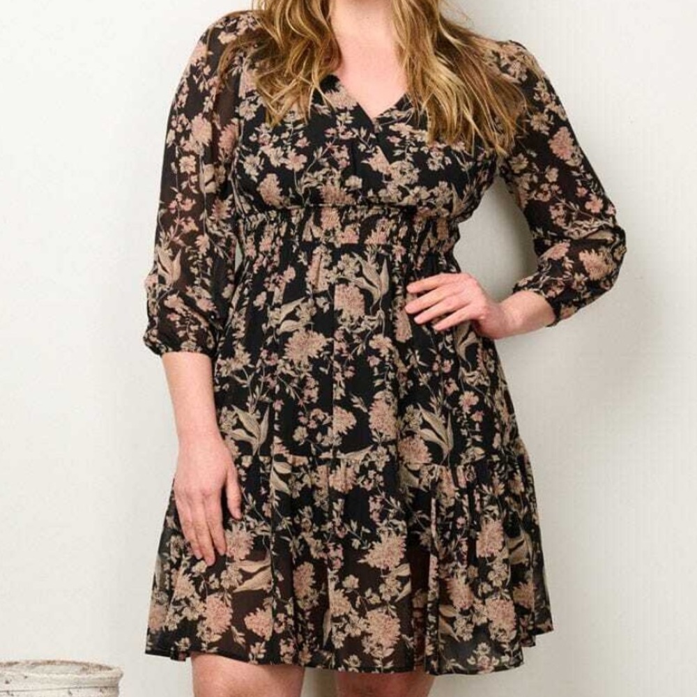 Zenobia Black Mini Dress with Beige Floral Print